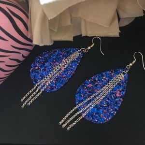 Beautiful Blue Glitter and‎ Silver Chain Earrings